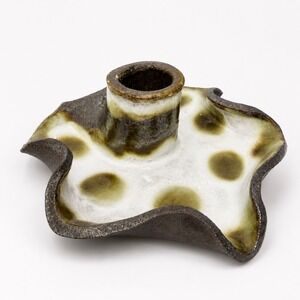Studio Pottery Signed Chamberstick Candle Holder Polka Dot Brown White Green